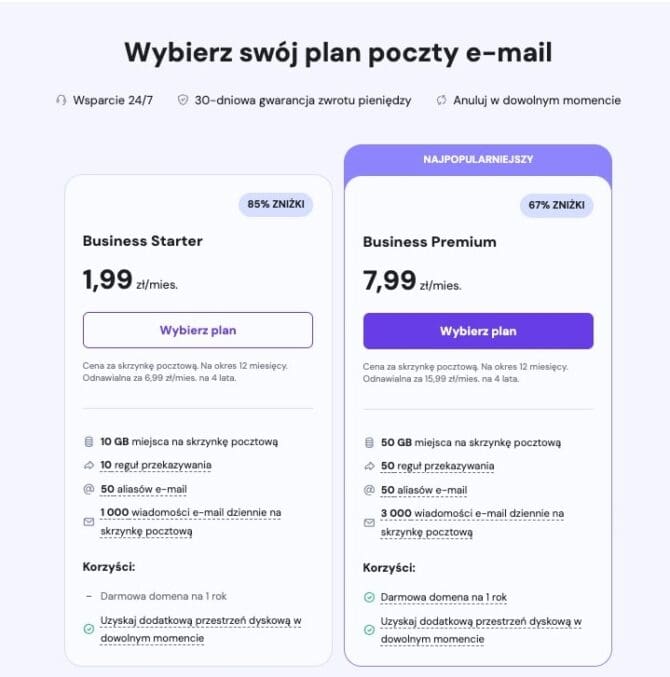 Plany e-mail w Hostinger