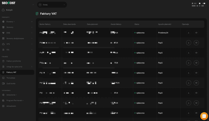 Test serwera w Seohost - panel